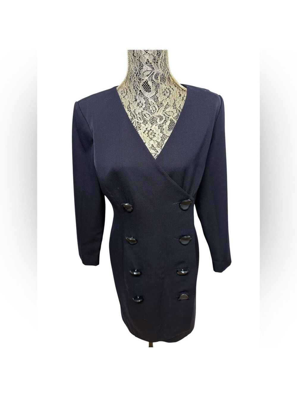 Nipon Boutique Vintage Size 12 Deep Blue 100% Wool Double Breasted Dress Lined